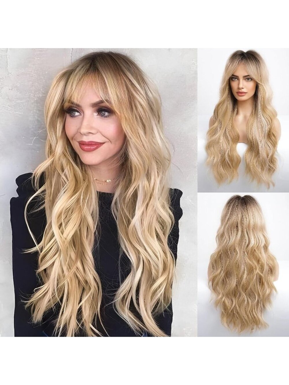 Women's Blonde Heat Resistant Long Curly Wavy Synthetic Wig with Bangs Size 26In